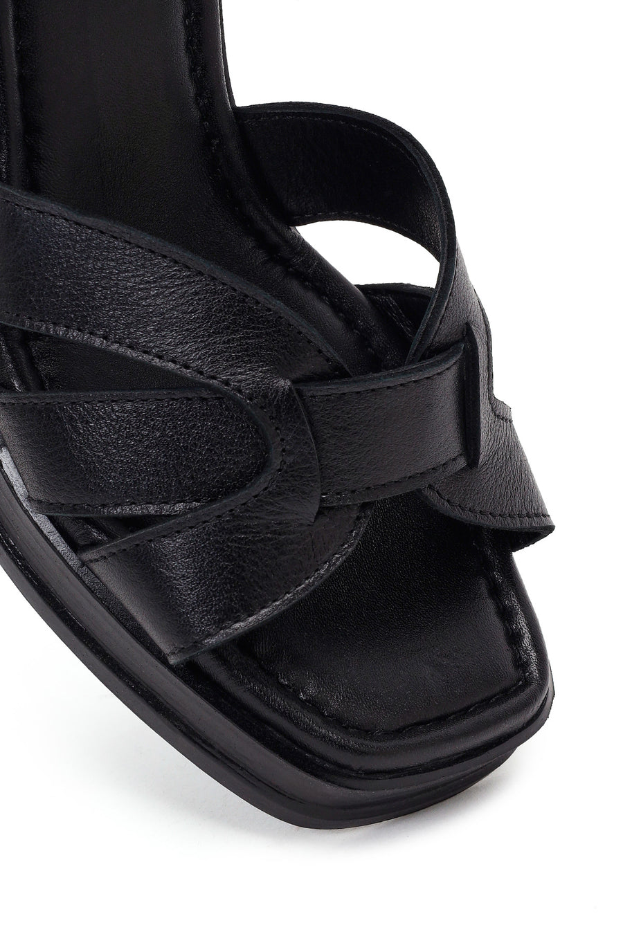 Women's Black Ankle Buckle Thick Heel Leather Sandals