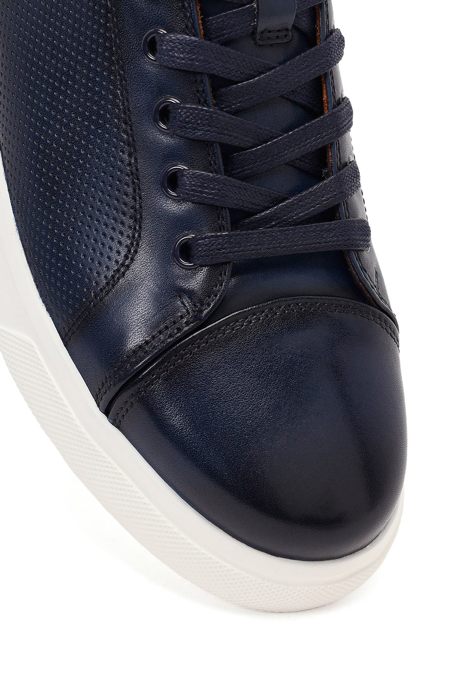 Erkek Lacivert Bağcıklı Deri Sneaker