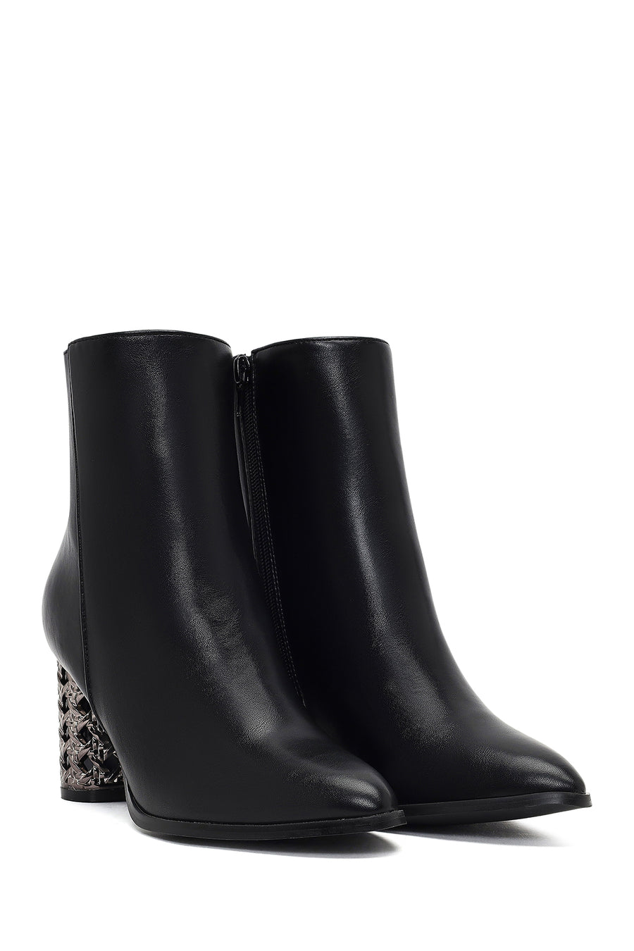 Women's Black Zippered Patterned Thick Heeled Boots