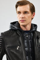 Lyon Men's Black Hooded Leather Jacket | Derimod