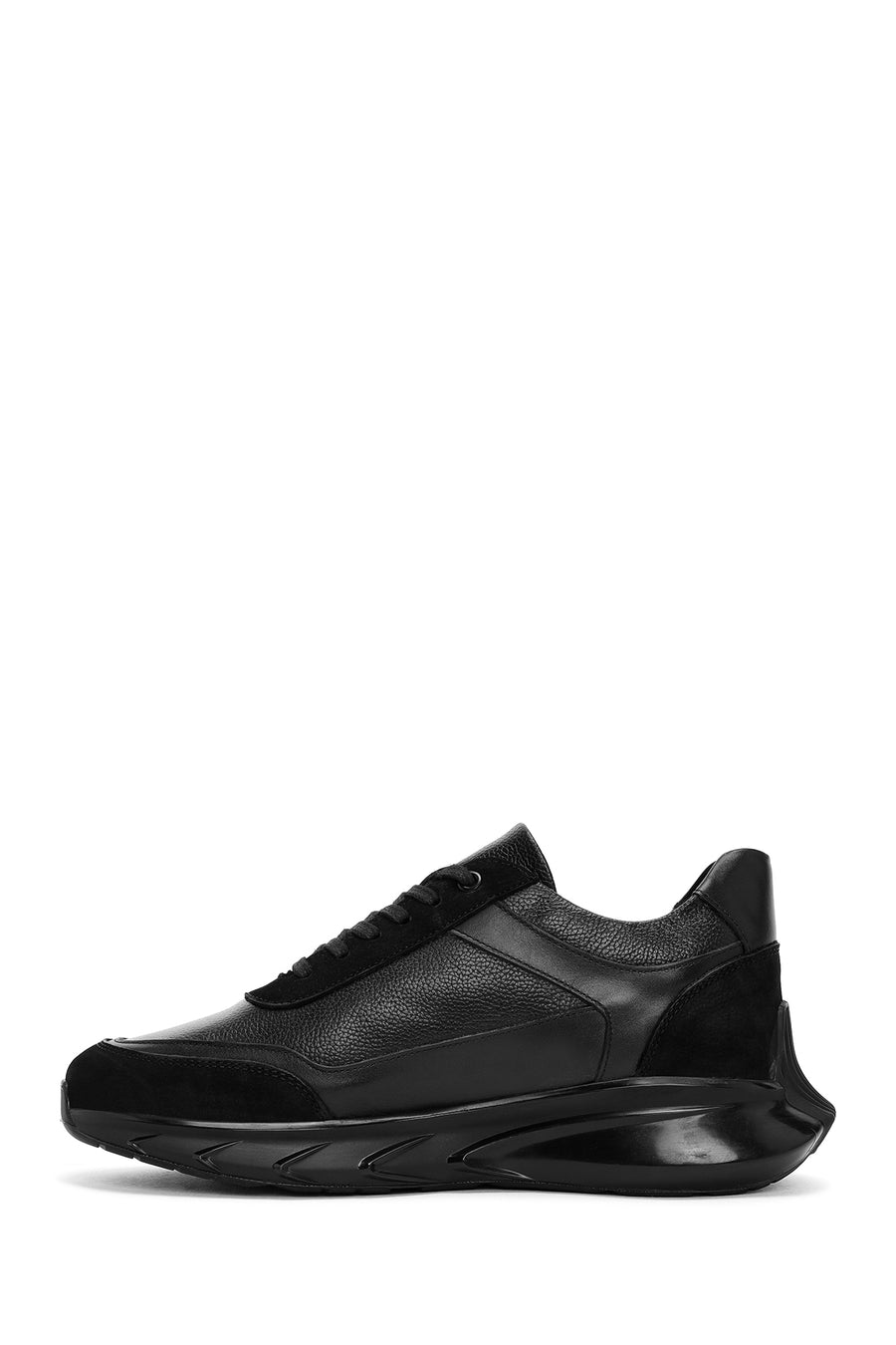 Men's Black Lace-up Thick-Sole Leather Casual Sneaker