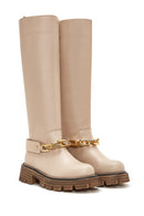 Women's Beige Chain Detailed Leather Boots | Derimod