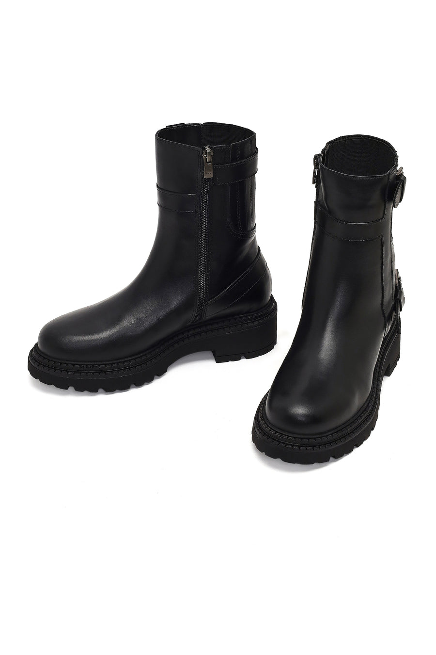 Women's Black Zippered Thick-Soled Leather Boot