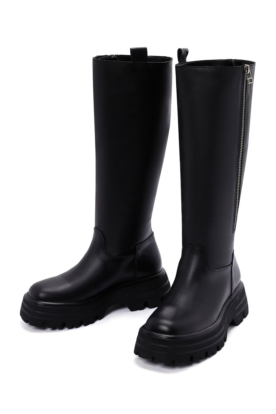 Women's Black Thick Soled Zippered Leather Boots