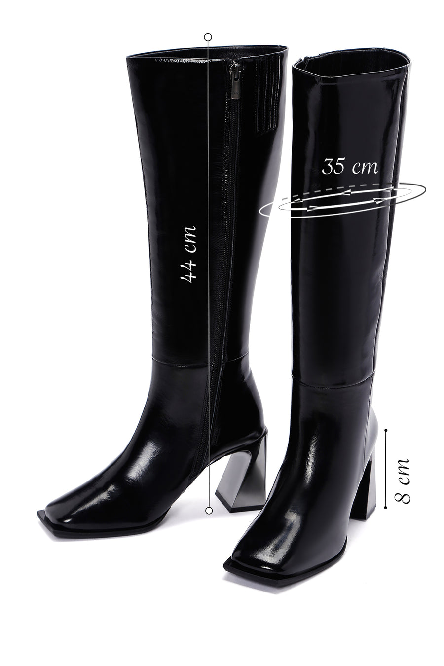 Women's Black Thick Heeled Zippered Patent Leather Boots