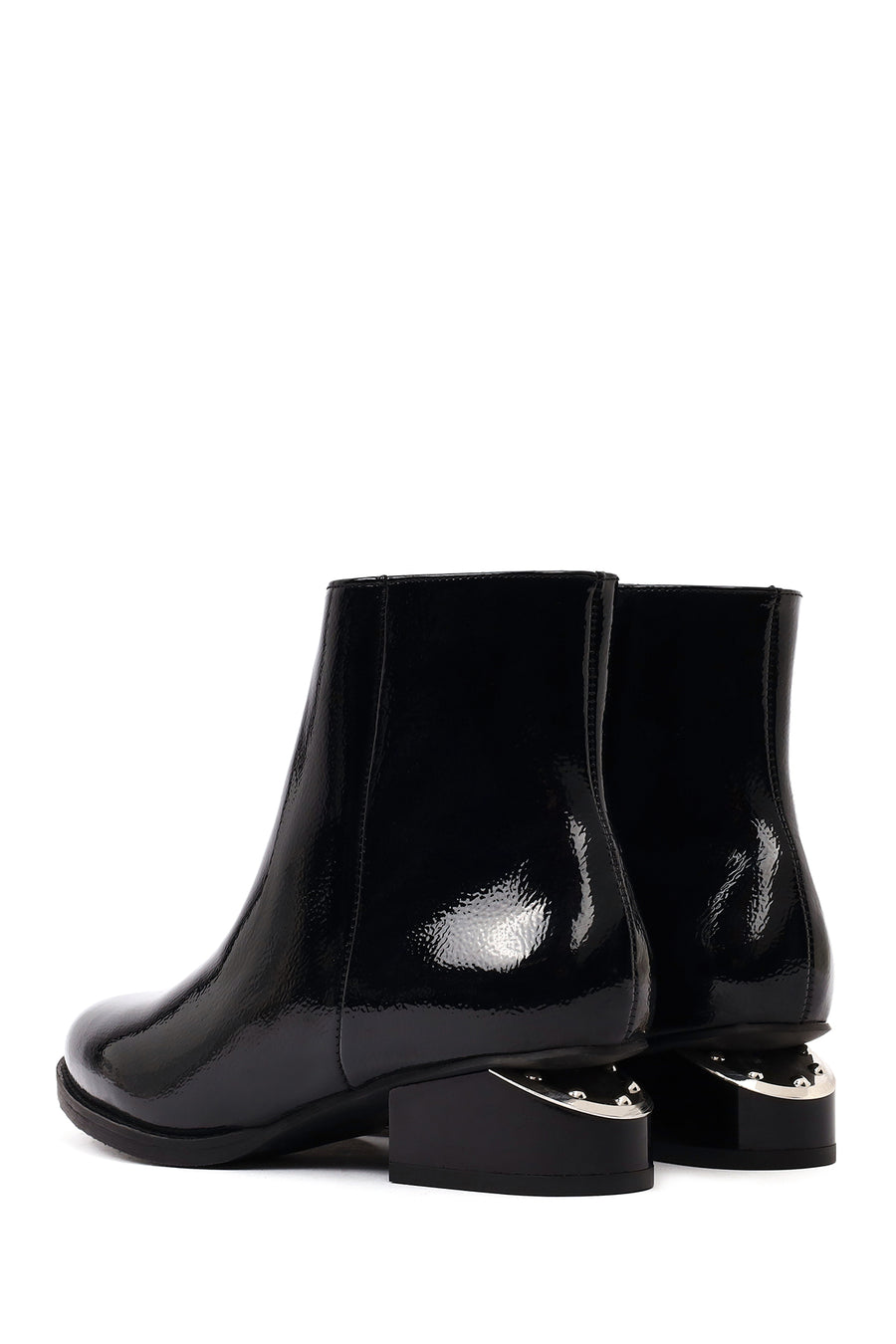 Women's Black Thick Short Heel Patent Leather Boot