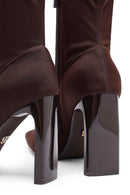 Woman Brown Zip Closure High Thick-Heeled Fabric Boots | Derimod