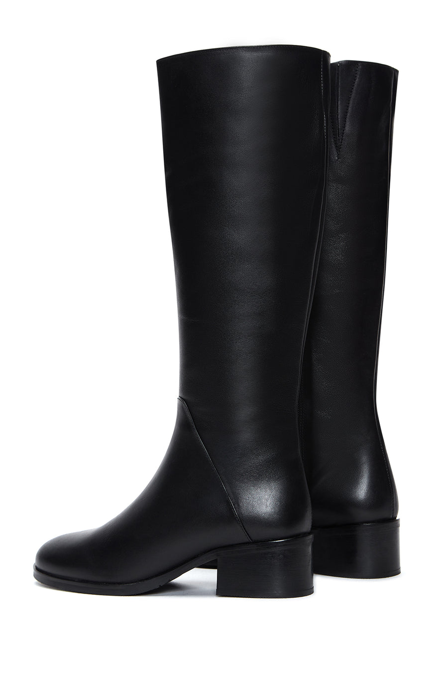 Woman Black Zip Closure Short Thick-Heeled Leather Boot