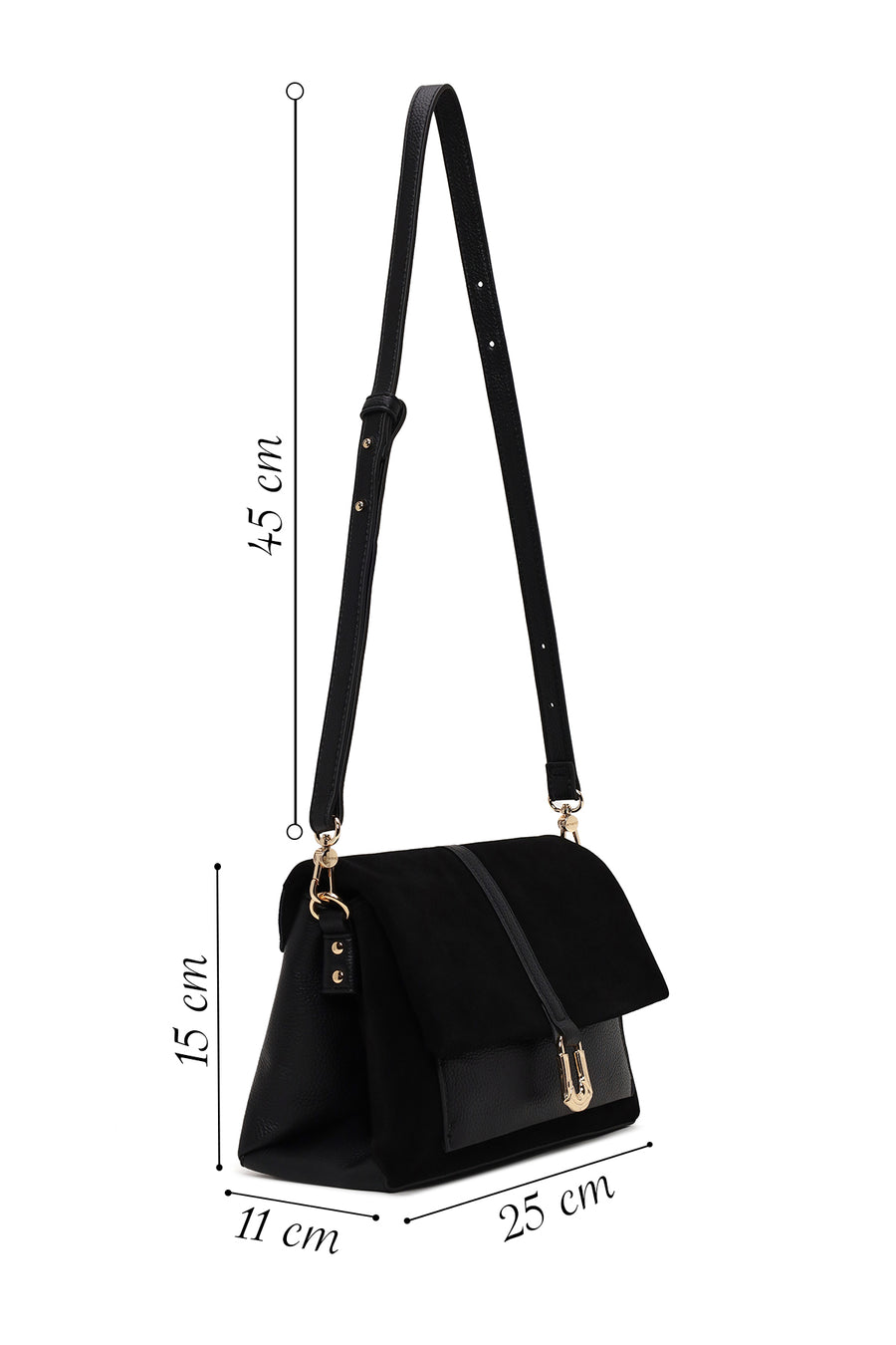 Woman Black Long-Strap Suede Crossbody Bag