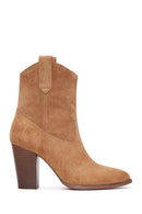 Women's Tan Suede Leather Heeled Cowboy Boots | Derimod