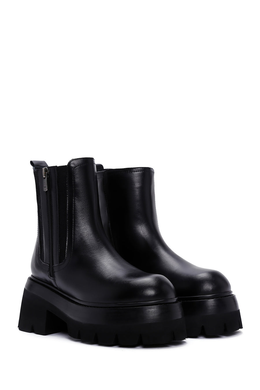 Women's Black Thick High-Sole Zipper Leather Boots