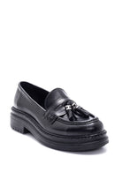 Women's Black Leather Tassel Loafer | Derimod