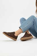Woman Brown Lace-Up Leopard Print Suede Leather Sneaker | Derimod