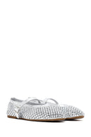 Women's Silver Mesh Stone-Studded Ballet Flats | Derimod