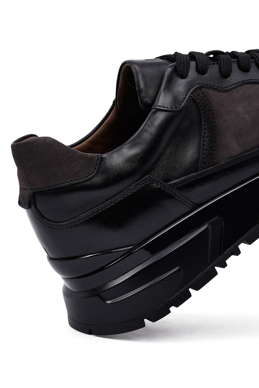 Erkek Siyah Bağcıklı Kalın Tabanlı Deri Casual Sneaker