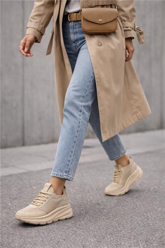 Derimod Zero Women Beige Lace-Up Thick-Soled Fabric Sneaker
