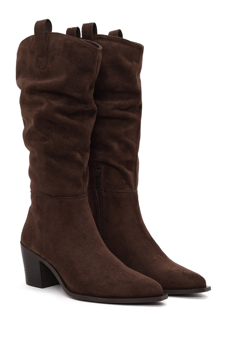 Woman Brown Zip Closure Chunky Heeled Suede Cowboy Boots
