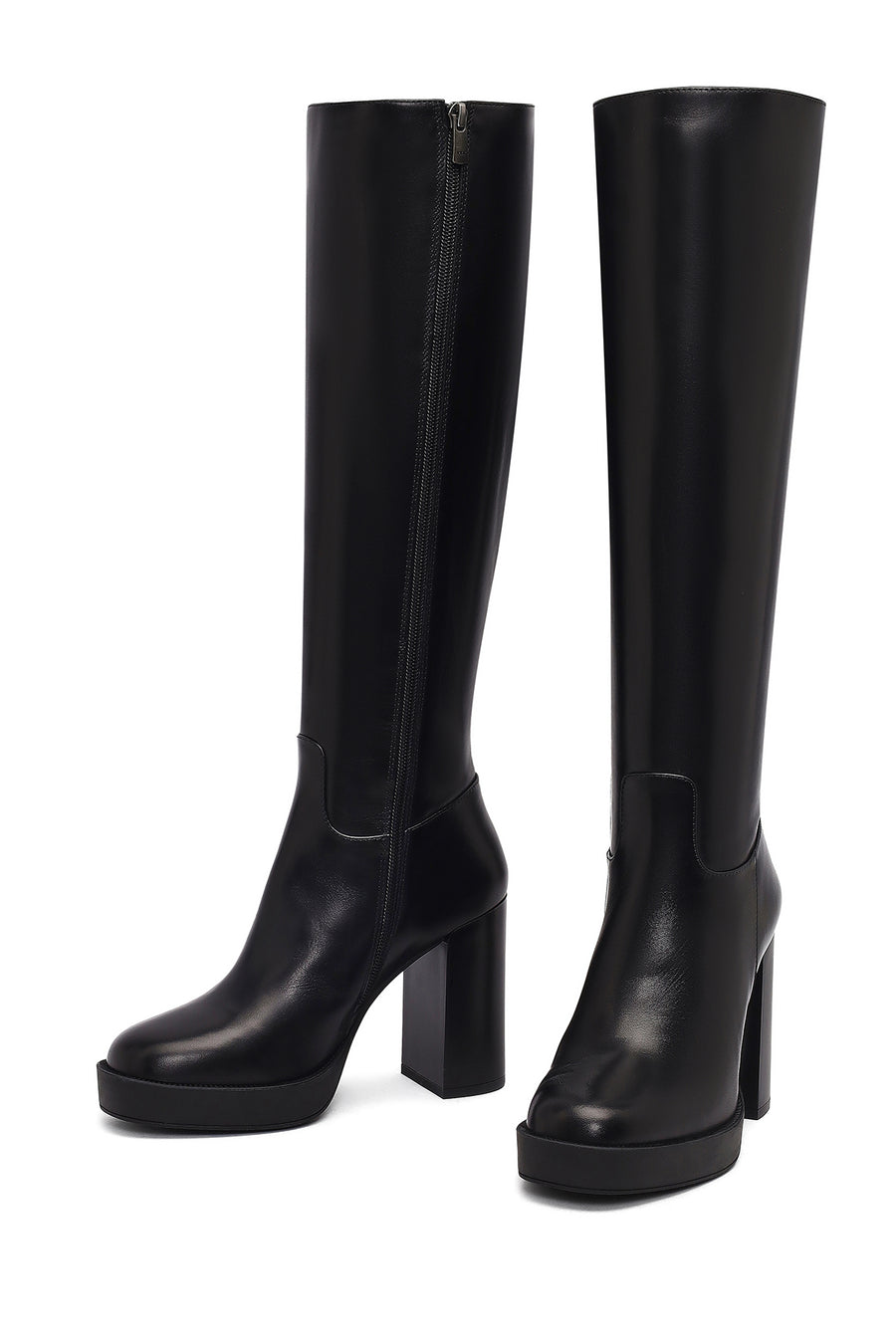 Woman Black Zippered High Heels Leather Boot