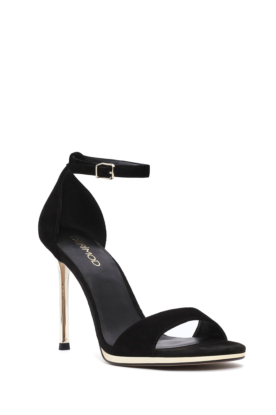 Women's Black Ankle Strap Thin High Heel Suede Leather Shoes