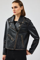 Oxford Women's Black Biker Leather Jacket | Derimod