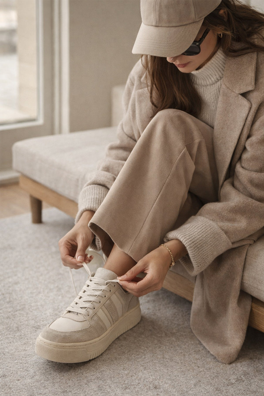 Woman Beige Lace-up Patterned Leather Sneaker