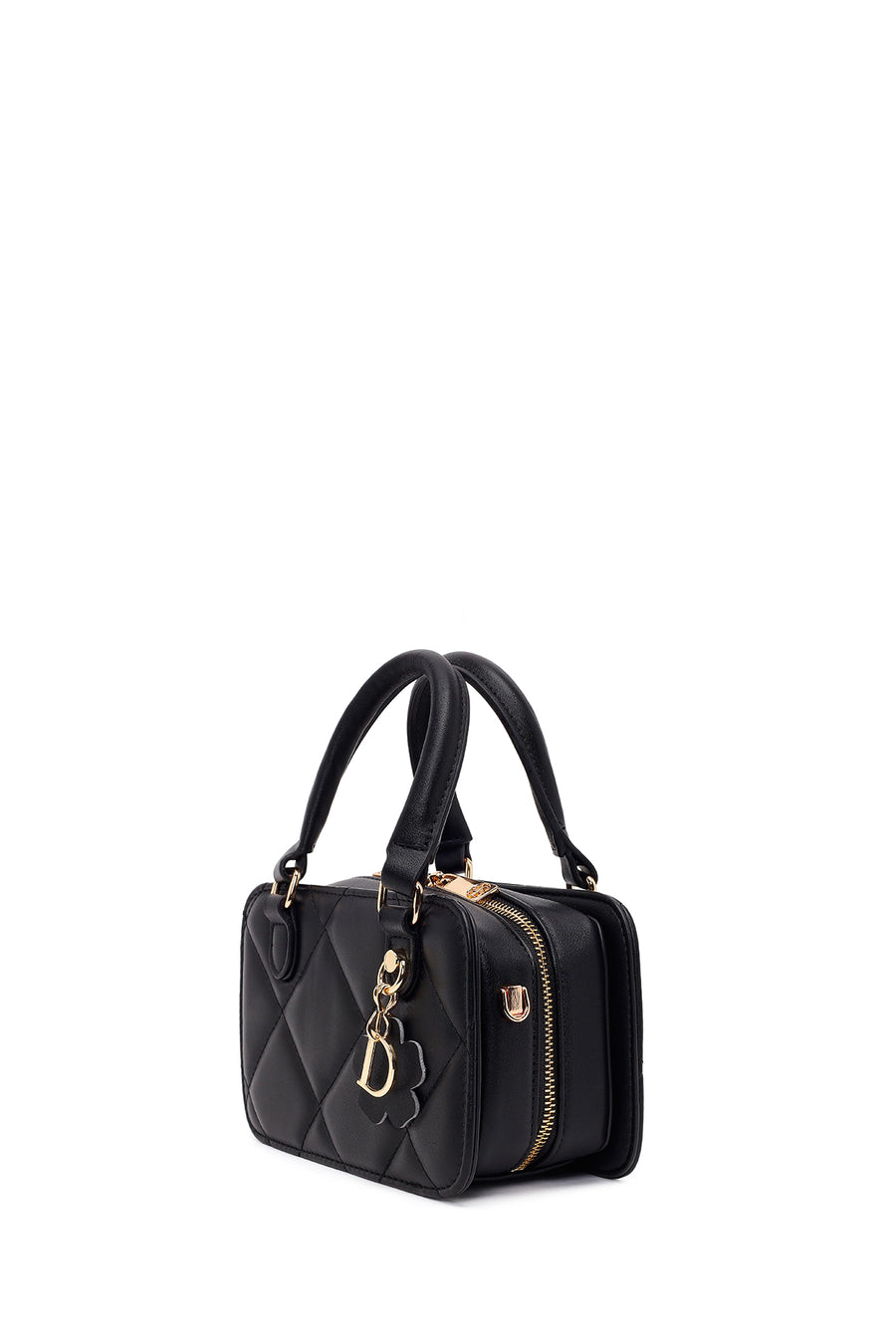 Woman Black Long-Strap Quilted Charmed Mini Shoulder Bag