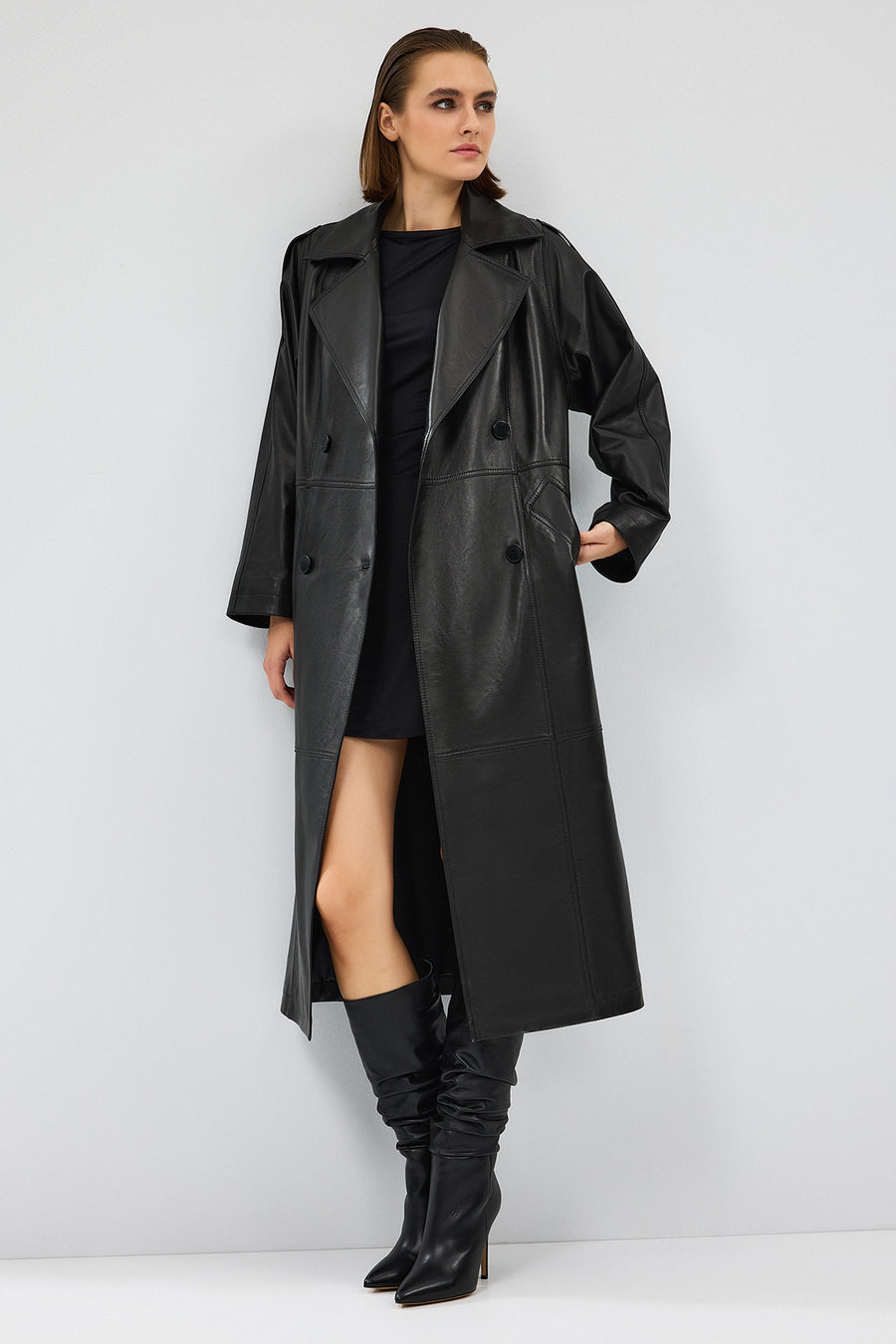 Nicole Women's Black Double Breasted Long Leather Trench Coat