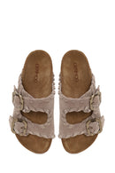 Woman Beige Double-Buckle Thick-Soled Suede Slipper | Derimod