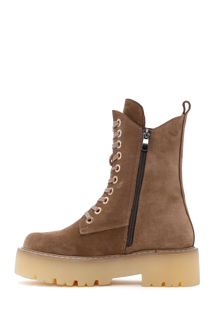 Women's Tan Thick Soled Zippered Suede Leather Boots