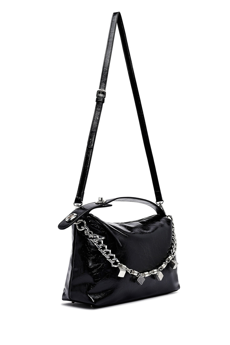 Women's Black Long Strap Chain Detailed Shoulder Bag