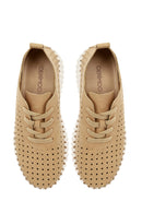 Woman Camel Lace-Up Thick-Soled Patterned Suede Comfort Shoes | Derimod