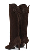 Women's Brown Thin Heeled Suede Leather Boot | Derimod