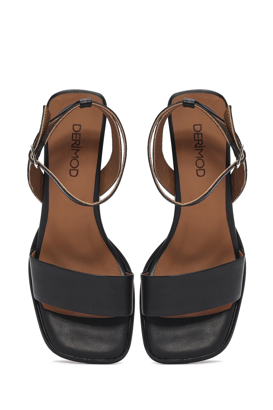 Women's Black Ankle Buckle Thick Heel Leather Sandals