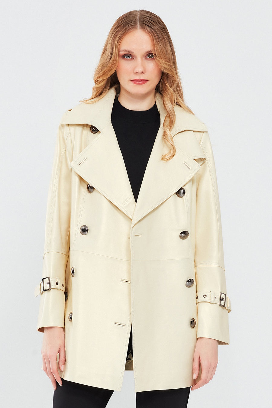 Barbara Women's Beige Double Breasted Collar Regular Leather Trench Coat