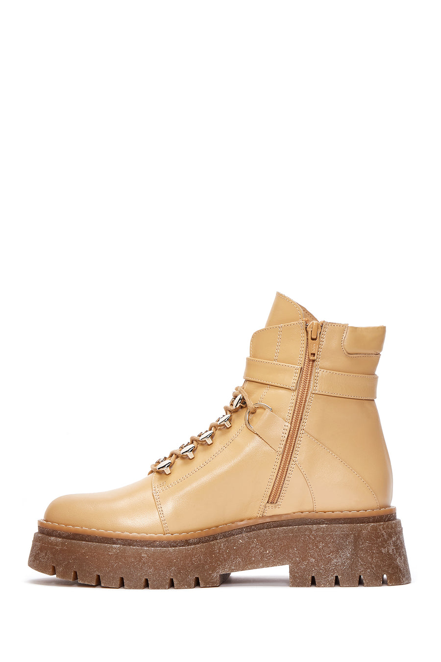 Women's Beige Leather Buckle Thick Soled Boots
