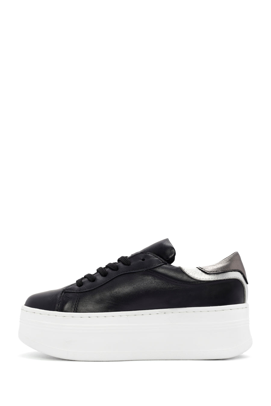 Women's Black Lace-up Thick-Sole Leather Sneaker