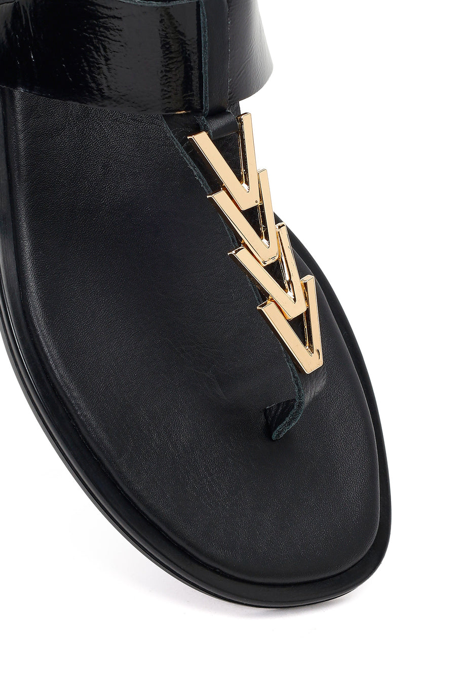 Women's Black Buckle Thong Leather Sandals