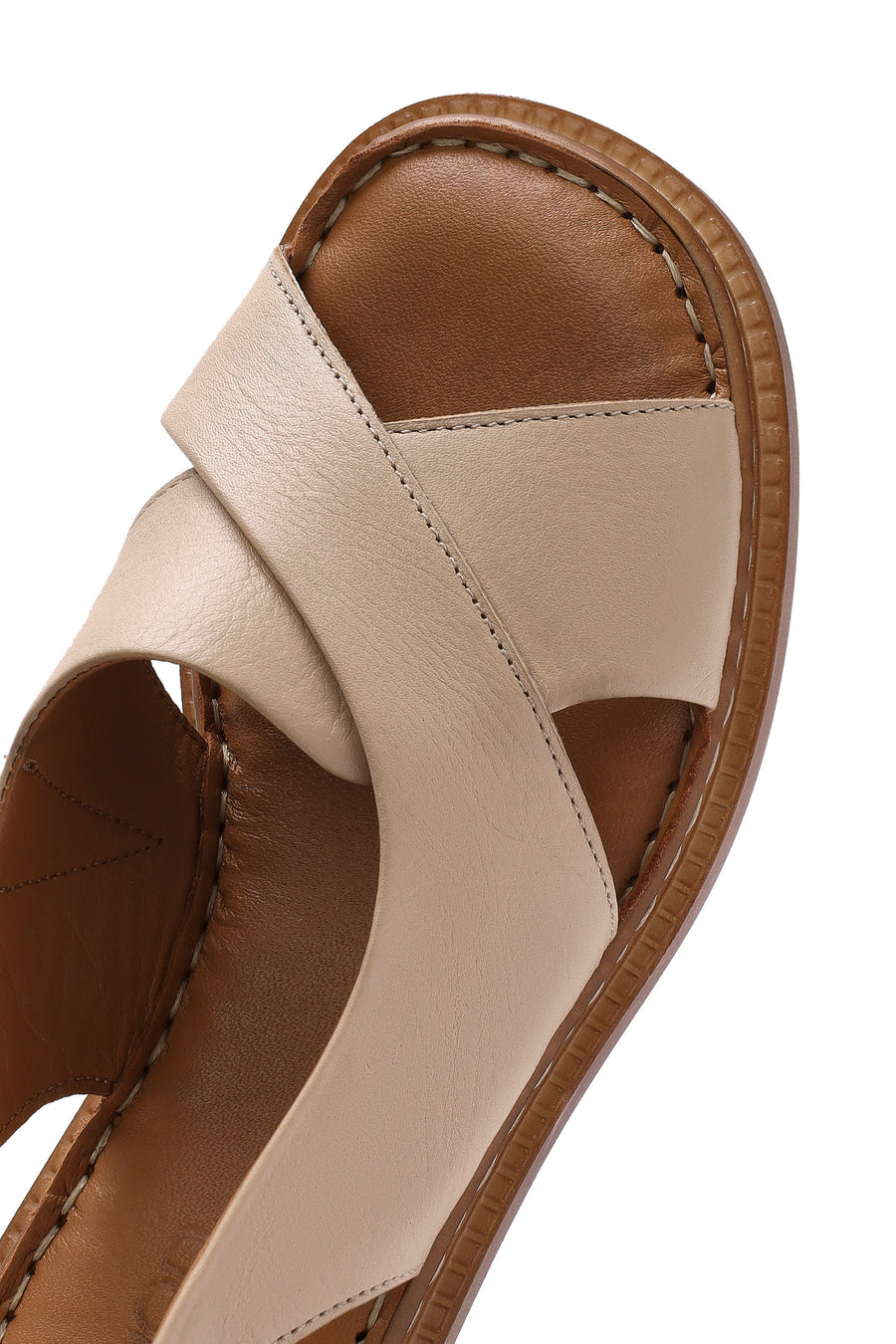 Women's Beige Ankle Buckle Low Heel Leather Sandals