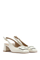 Women's Beige Ankle Buckle Open Back Low Thick Heel Patent Leather Shoes | Derimod