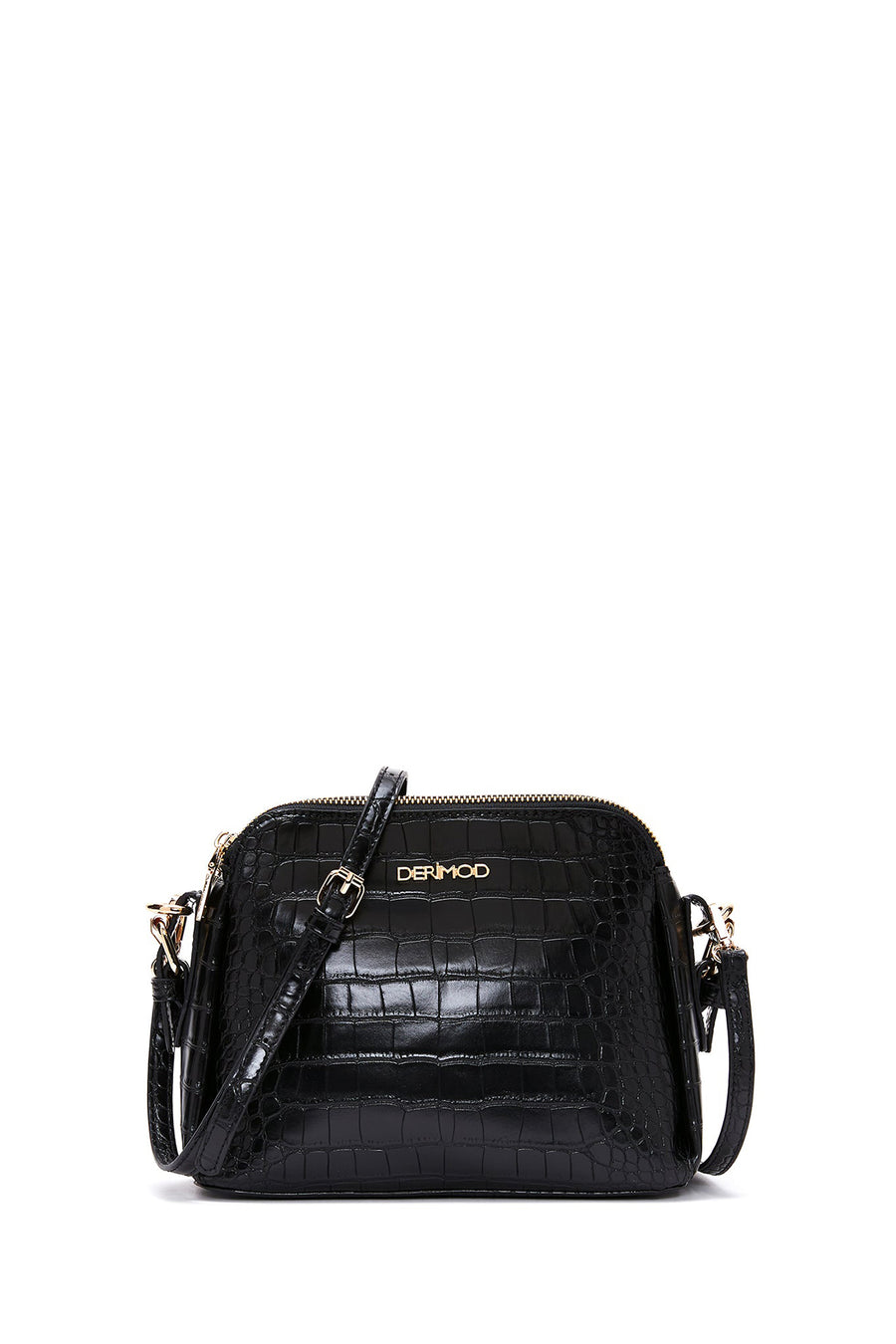 Woman Black Long-Strap Croc-Pattern Crossbody Bag WB15000351 | Derimod