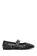 Women's Black Buckled Stoned Leather Ballerinas | Derimod