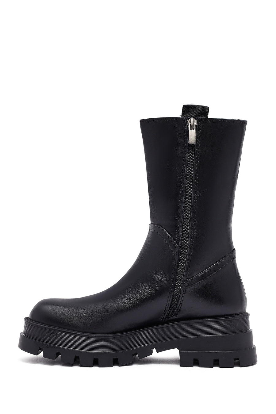 Woman Black Zippered Thick Sole Leather Boat