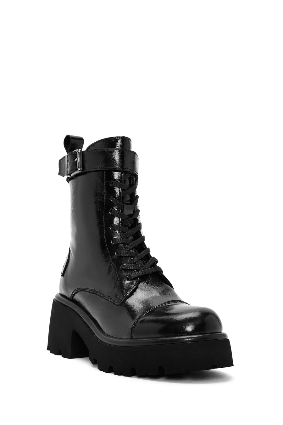 Women's Black Lace-Up Zippered Thick-Soled Leather Boots