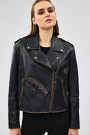 Oxford Women's Black Biker Leather Jacket | Derimod