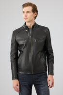 Jefferson Men's Black Stand Collar Slim-Fit Leather Jacket | Derimod