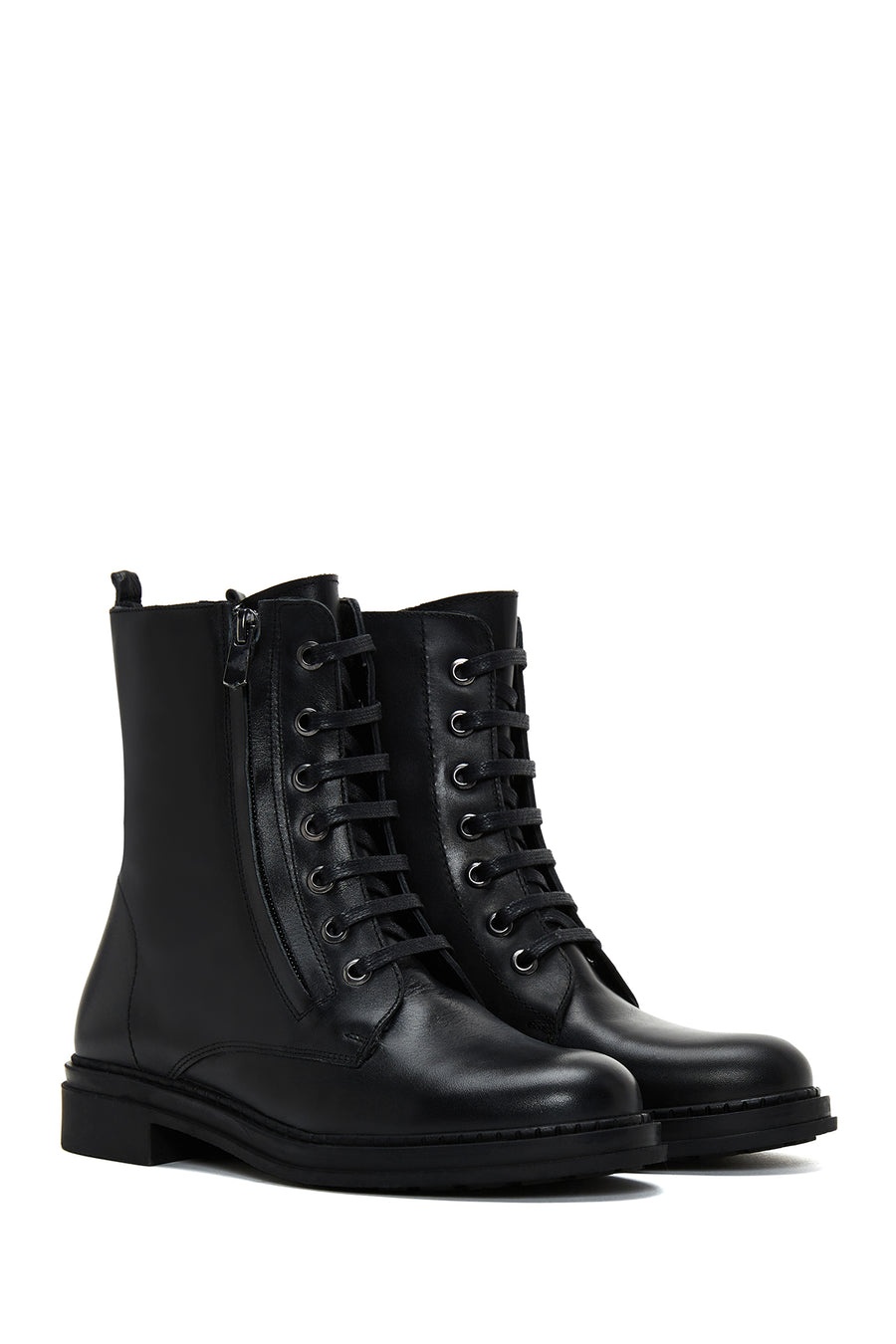 Women's Black Leather Zippered Flat Boots