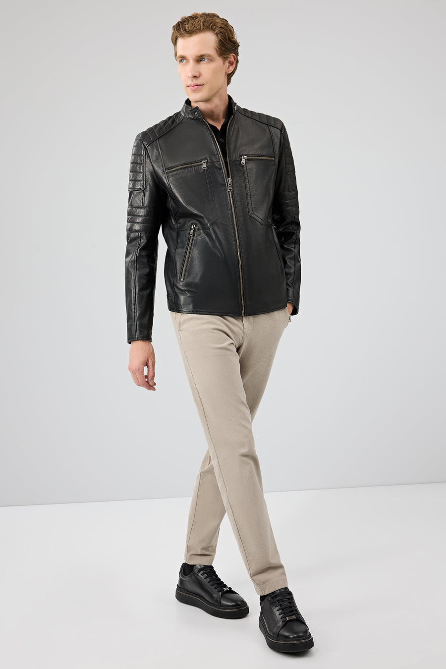 Morant Men's Black Mandarin Collar Leather Jacket