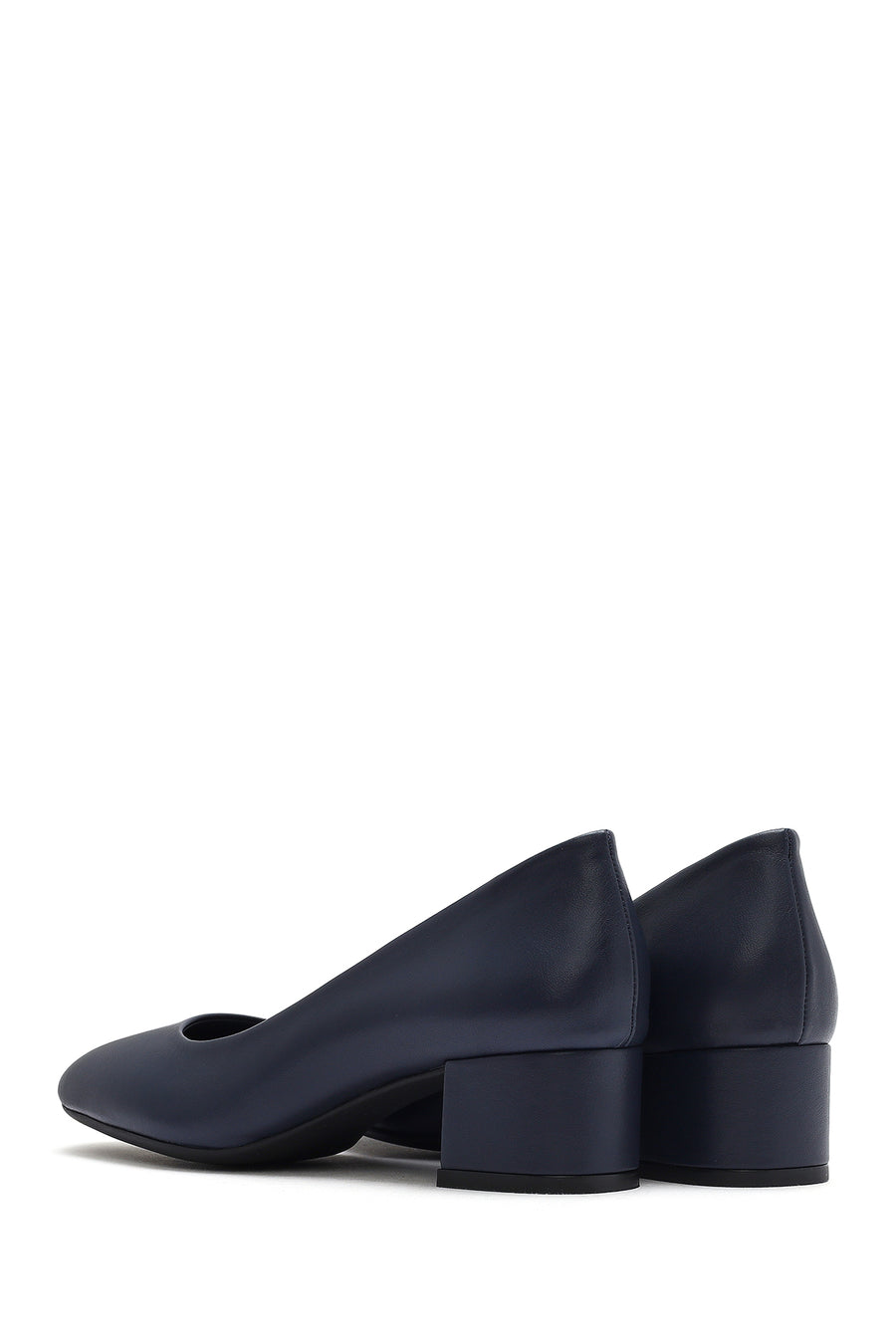 Women's Navy Blue Short Chunky Heeled Leather Shoes