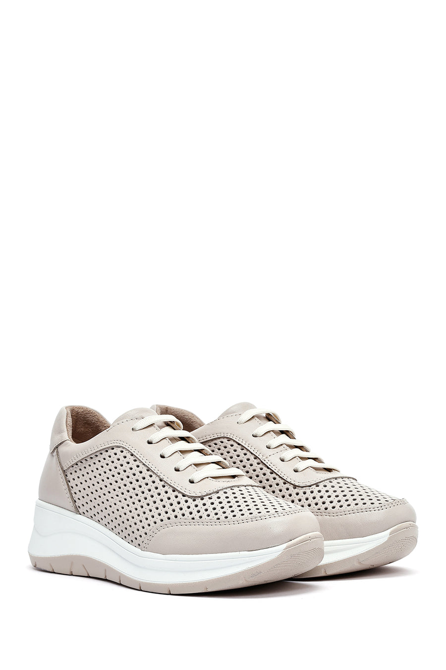 Women's Cream Lace-Up Thick-Sole Leather Sneakers
