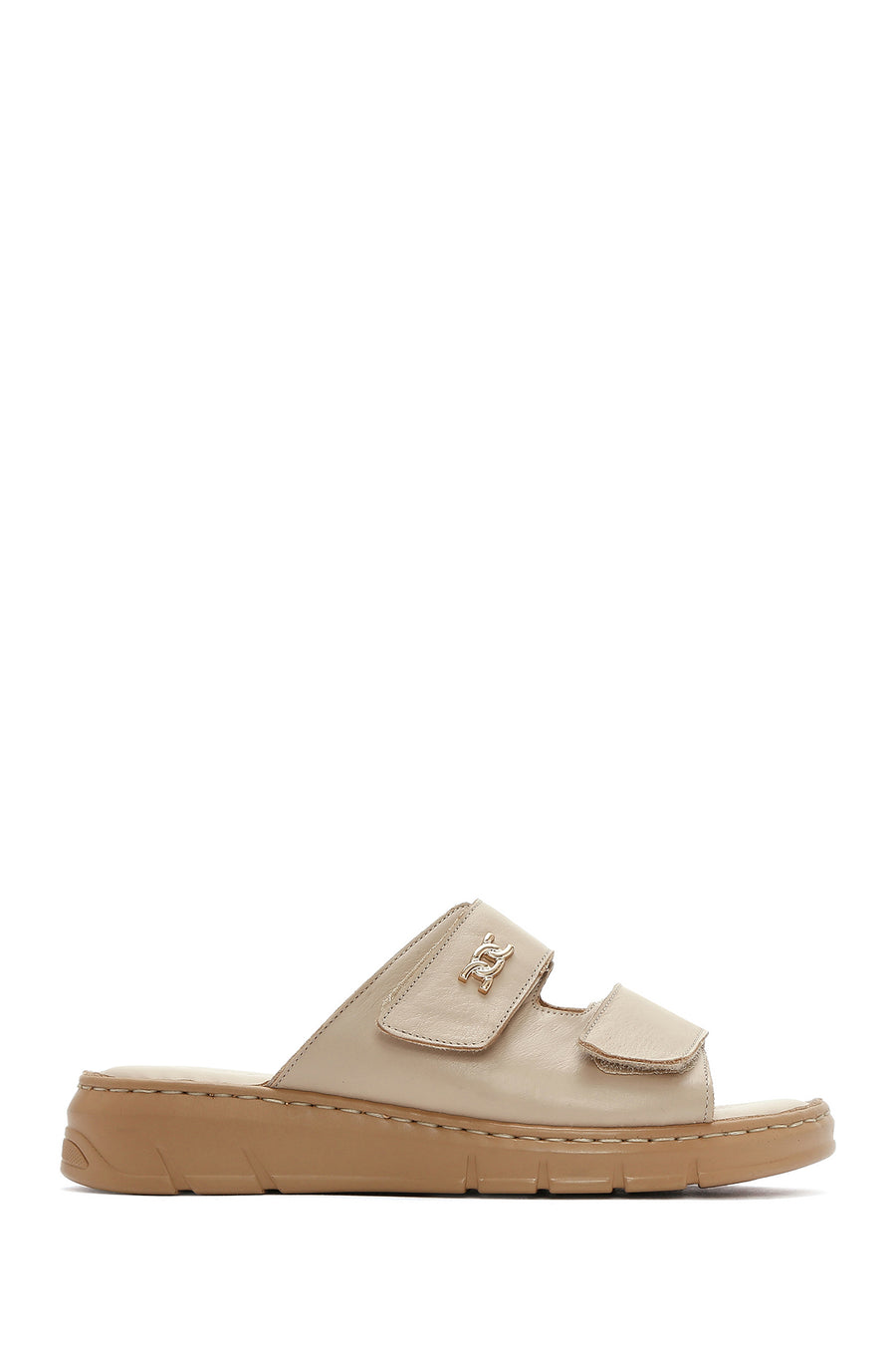 Women's Beige Double-Strap Leather Comfort Slippers 25SFD341218 | Derimod